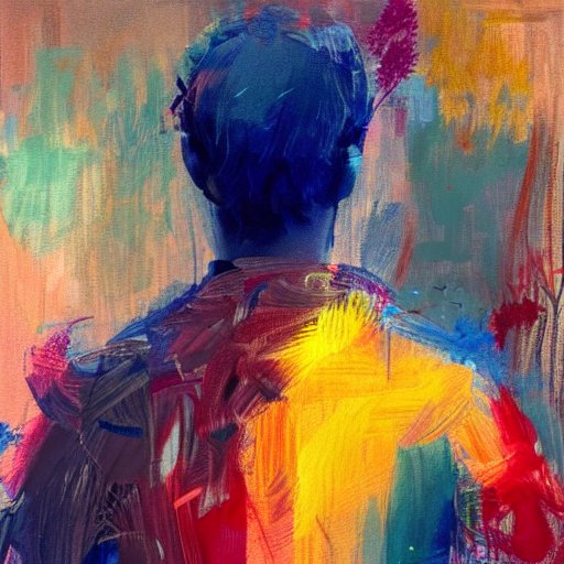 Painted portrait of Philip, seen from behind, in bright brushstrokes.